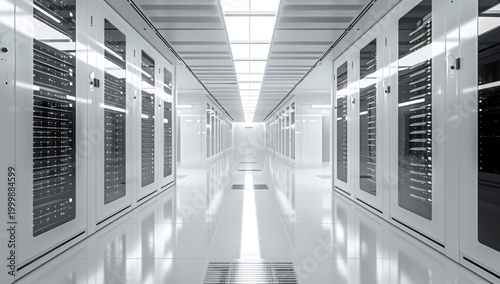 Long, bright, sterile server room aisle lined with computing racks and reflective floor