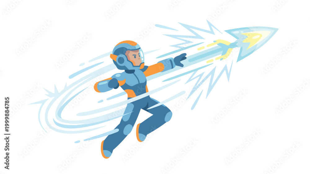 Fototapeta premium Dynamic Futuristic Character Flying and Launching Energy Bolt, Cartoon Vector