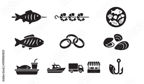 Seafood and fishing related vector icons with silhouette restaurant transport