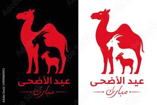 Eid al-Adha Islamic Holiday Greeting with Camel and Goat Silhouettes in Red