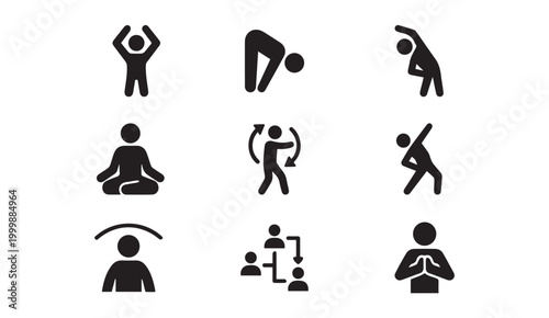 Fitness exercises and body movement icons with exercise stretching movement
