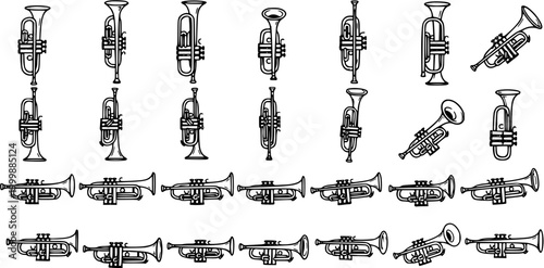 Musical Instruments Industry Black and White Line Art Trumpet Icons and Glyphs Collection. Outline Brass Instruments Set for Music, Art, and Entertainment Design.