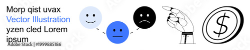 Emotional states, decision-making, financial planning, criticism, work dynamics, personal growth. Three faces showing mood progression, hand pointing and dollar icon. Emotional states