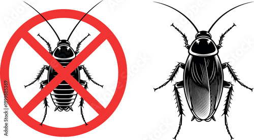 No cockroach sign with prohibited pest symbol and detailed insect illustration pest control concept isolated on white background.