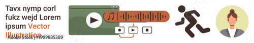 Media playback, motion, user identity, online interaction, digital content, fitness tracking. Video player interface, audio bar running person and user icon. Media playback and motion concepts