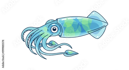 Illustration of a blue and green translucent squid with geometric patterns on white background