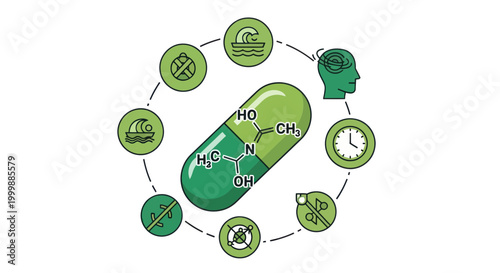 Medical Capsule with Chemical Formula and Health Icons Circle Around