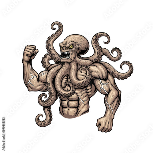 Mascot Octopus Bodybuilder Flexing Biceps, Fierce Creature