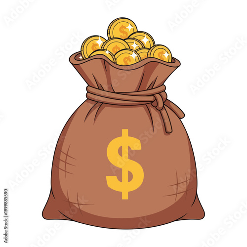 Money Bag Full of Golden Coins with Dollar Sign - Wealth and Riches Concept