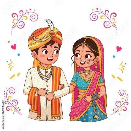 Indian Wedding Couple Cartoon Illustration - Bride and Groom in Traditional Attire