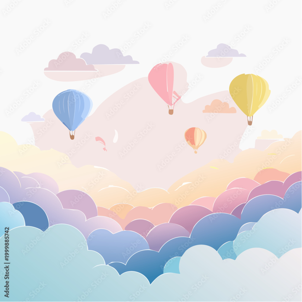 Fototapeta premium Whimsical Journey Colorful Hot Air Balloons Gracefully Float Above a Serene Dreamscape of Pastel Clouds