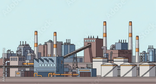 Industrial factory complex with multiple chimneys and buildings.