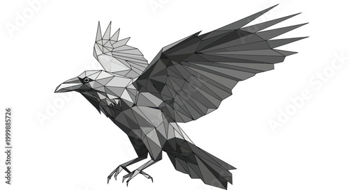 Geometric Raven Bird Low Poly Style Flying Isolated On White