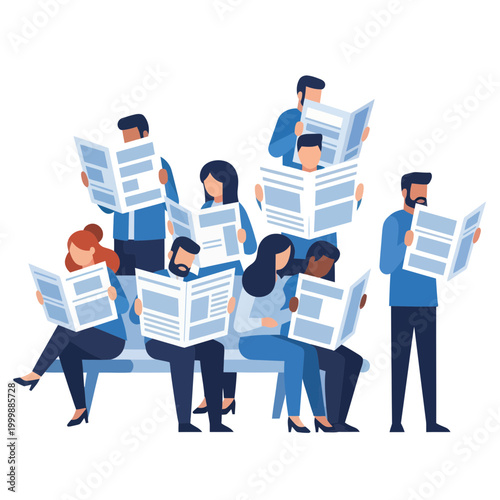 Diverse people reading newspapers on bench, modern flat illustration