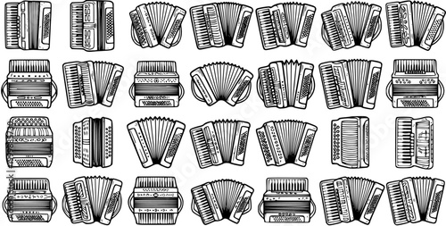 Music Industry Black and White Line Art Accordions Set. Hand-drawn Outline Collection of Vintage and Modern Accordion Icons for Musical Entertainment.