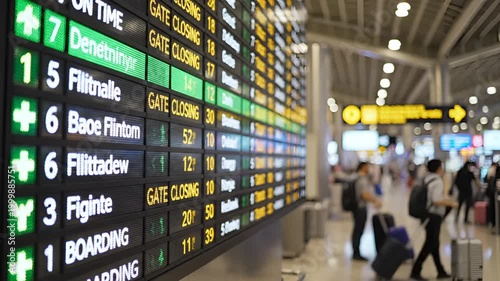 Airport Departure Board Information Display Screen with Travelers.