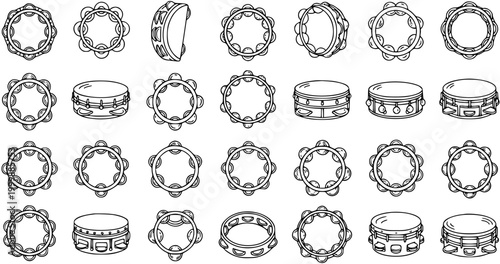 Music Percussion Instruments Black and White Line Art Vector Set: Tambourines and Hand Drums Outlines for Rhythm and Celebration