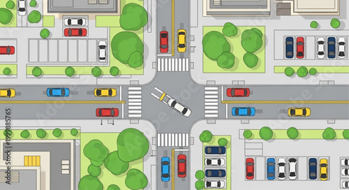 Aerial view of busy city intersection with cars and traffic lights.