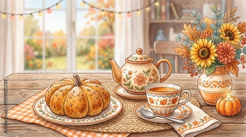 Pumpkin bread and hot tea sit on a rustic wooden table with fall flowers by a window