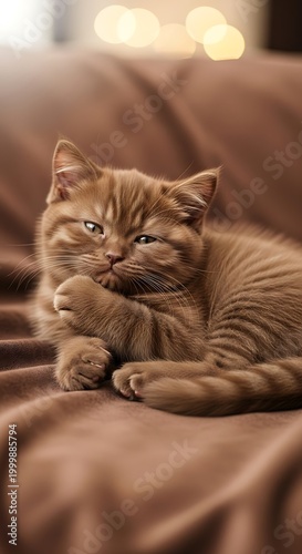 Feline youngster rests comfortably on soft brown fabric with warm background lights