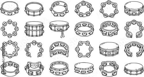 Music and Celebration Percussion Instruments Black  White Line Art Set. Hand-drawn Outline Collection of Tambourines and Small Drums Icons and Doodles.