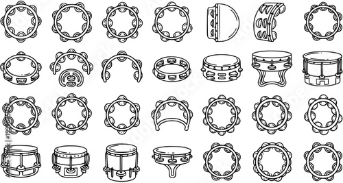 Music Industry Percussion Instruments Black and White Line Art Icons Set. Hand-drawn Outline Collection of Tambourines and Drums for Rhythm and Musical Themes.