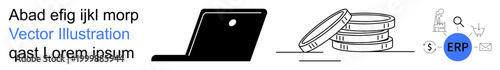 Financial management, digital strategy, enterprise resource planning, fintech, business technology, investment. Black laptop, stacked coins blue ERP symbol. Finance and digital strategy concept