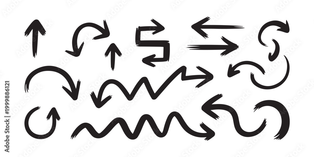 Fototapeta premium Set of black hand drawn arrows vector collection of different shapes and styles doodle scribble direction pointers.
