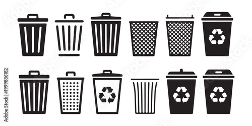 Set of black trash can icons in a row with different styles and shapes for garbage disposal concept.