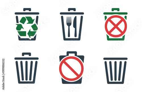 Set of waste container icons including recycling symbol food cutlery images and prohibited trash bin markings now.