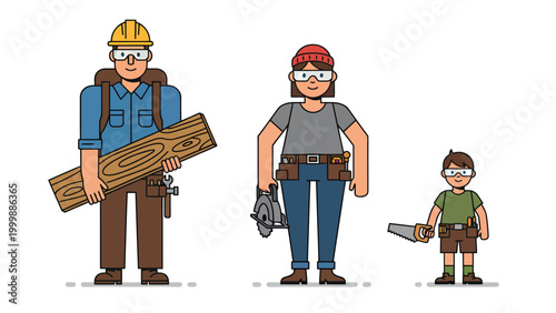 Building Family with Construction Tools and Wood: Cartoon Characters