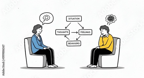 CBT Cognitive Behavioral Therapy Illustration Therapist and Patient with Situation Thoughts Feelings Behaviors Diagram