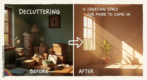 Decluttering Before and After Room Comparison Messy Boxes Books vs Clean Bright Space with Plant