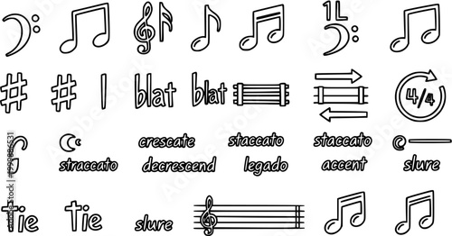 Black and White Line Art Music Notation Symbols and Text for Education