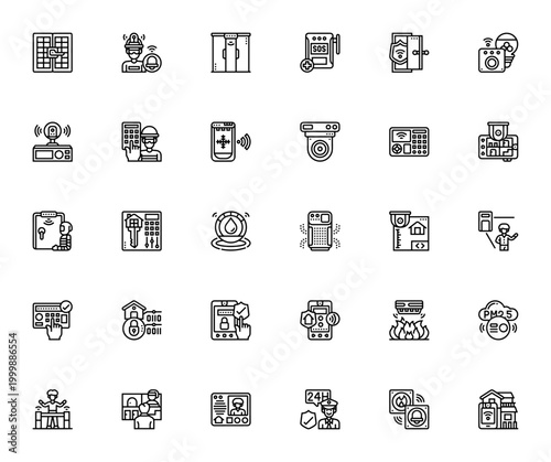Home security icon set. Minimalist vector pack. Includes symbols for window, burglar, alarm, CCTV, smart lock, motion sensor, surveillance, fire alarm, home automation and more.