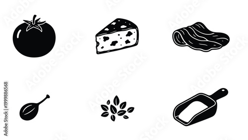 Black & White Food Ingredients Icons. Cooking and Recipe Elements.