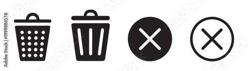 Trash can icons with circle cross buttons for interface design and delete action symbols on transparent background.