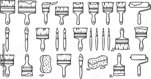 Art and Painting Tools Collection in Black and White Line Art Style. Various Brushes, Paint Rollers, and Sponge for Creative Hobbies and Home Improvement.