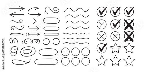 Set of various hand drawn doodle arrows, wavy lines, circles, and checkmark and cross symbols.