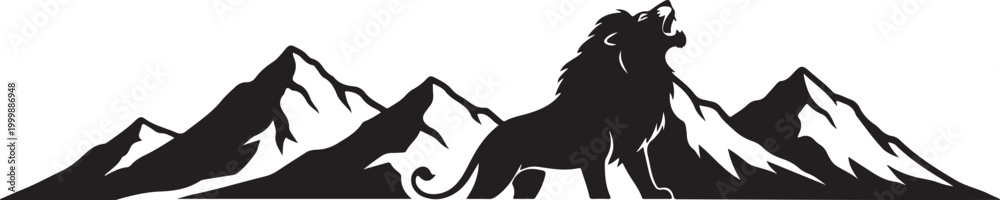 Obraz premium Black lion, mountain range, snow-capped peaks, vector silhouette
