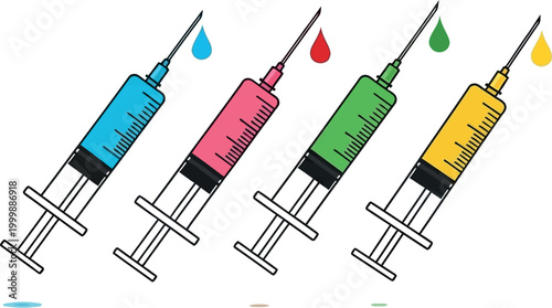 Four medical syringes filled with colorful liquids and topped with droplets, representing medical treatment and research.
