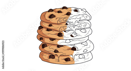 Stack of Chocolate Chip Cookies, Half Baked and Half Drawn
