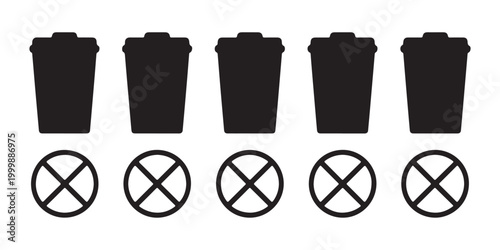 Trash can icons with no entry signs set including flat black silhouettes on transparent background for design.