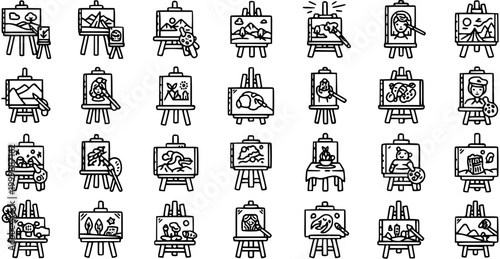Art Easel and Canvas Painting Line Art Icons Set. Creative Hobby and Artist Tools Outline Collection for Gallery, Studio, and Drawing Themes.