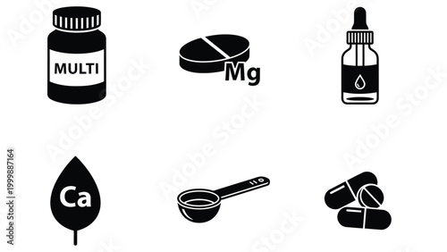 Essential Health Supplements & Nutrition Icons. Multivitamins, Minerals, Pills, Liquid Drops, Scoop for Wellness