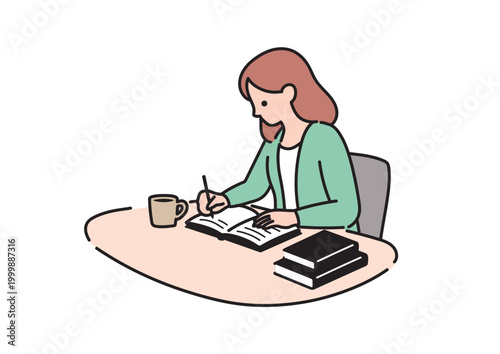 ノートに書き物をする女性のイラスト 勉強 ライフスタイル ベクター