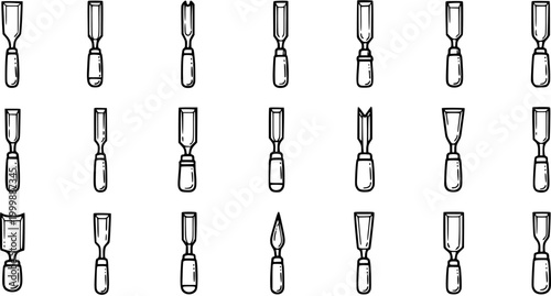 Woodworking and Carpentry Tools Vector Set: Hand-Drawn Black and White Line Art Chisels and Carving Outline Icons for Craft and Construction