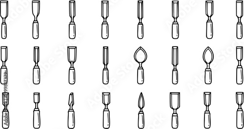 Woodworking and Carving Chisels Line Art Icons. Set of Black and White Hand Tools Outline Doodle Vector Illustrations for Carpentry, Sculpture, and DIY.