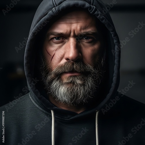 Rugged bearded man wearing a dark hooded sweatshirt stares intensely forward