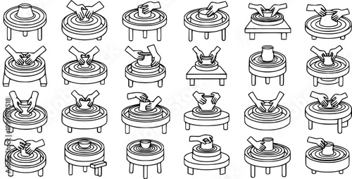 Pottery Making Process Line Art Icons Set. Ceramic Art and Handcrafting Clay on a Potter's Wheel Stages. Creative Hobby Outline Vector Glyphs.